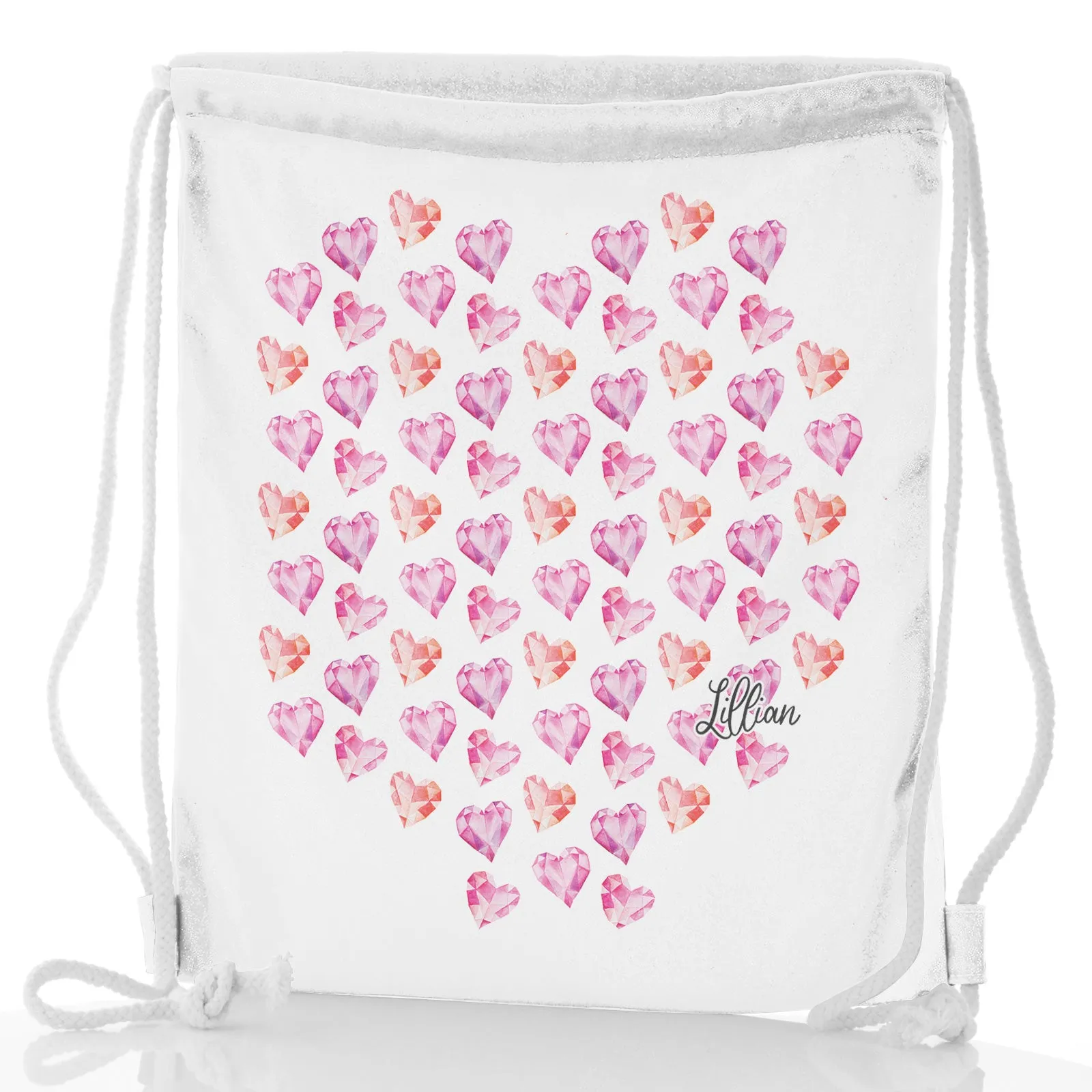Personalised Glitter Drawstring Backpack with Stylish Text and Crystal Hearts Print