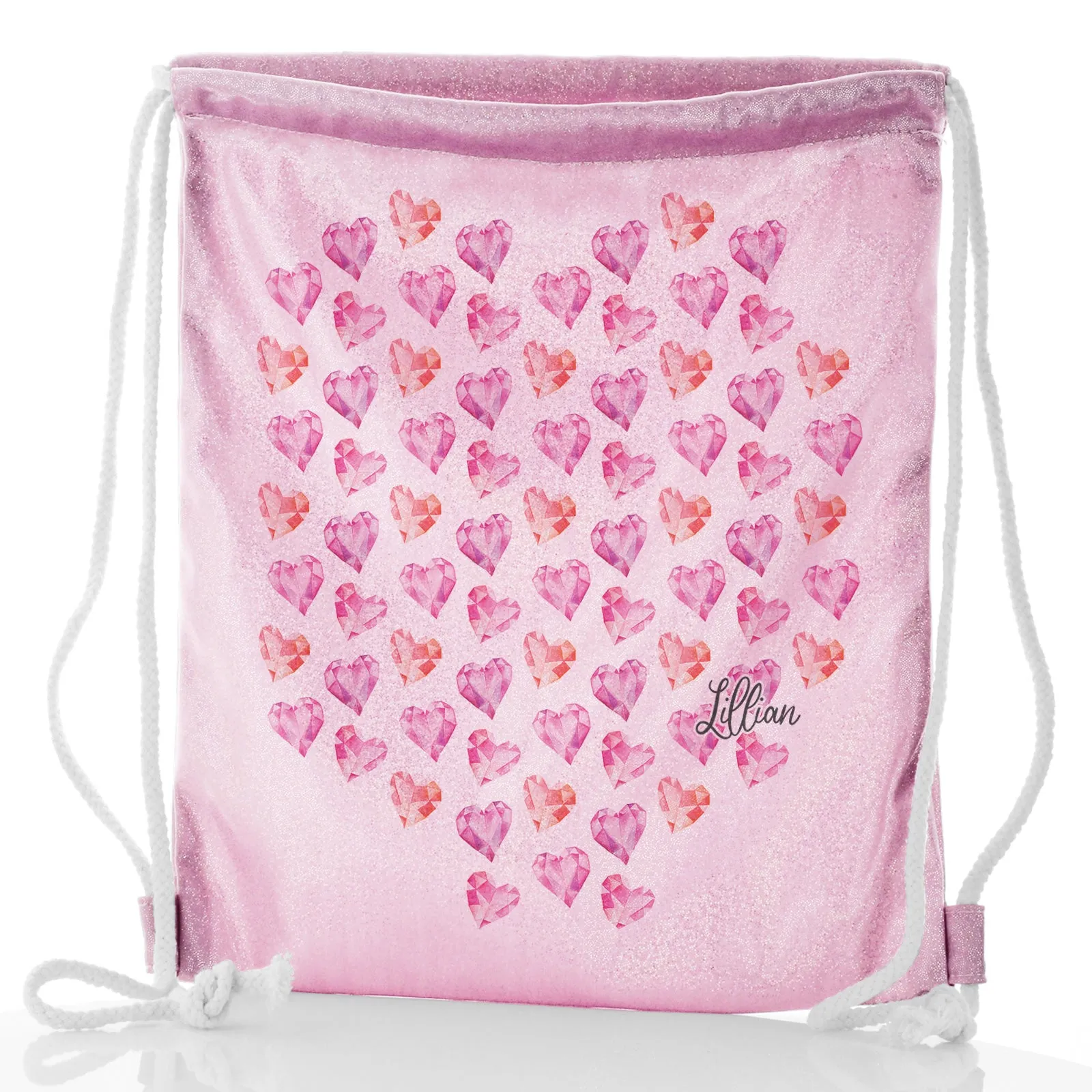 Personalised Glitter Drawstring Backpack with Stylish Text and Crystal Hearts Print