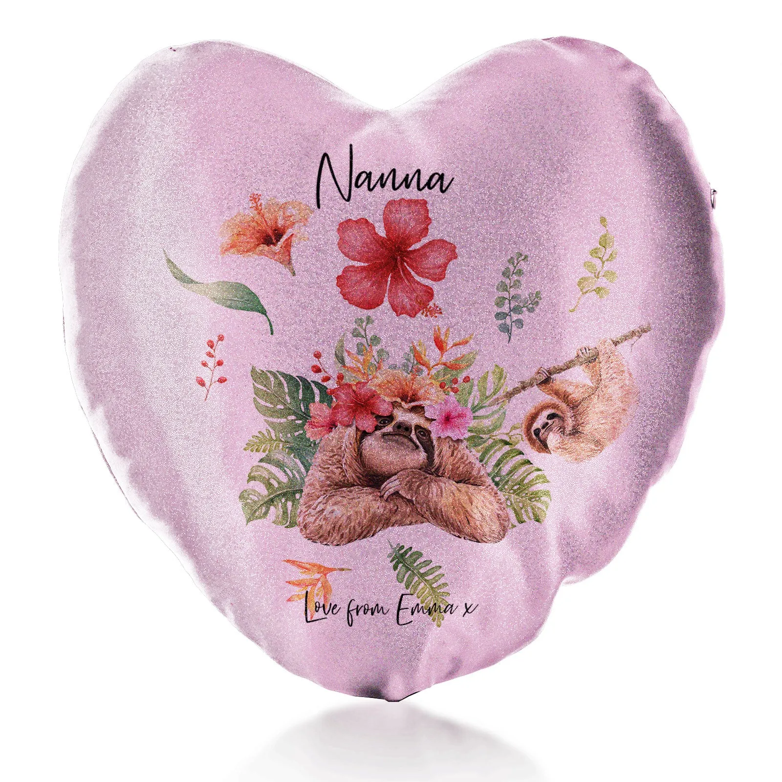 Personalised Glitter Heart Cushion with Stylish Text and Floral Mum and Baby Sloths