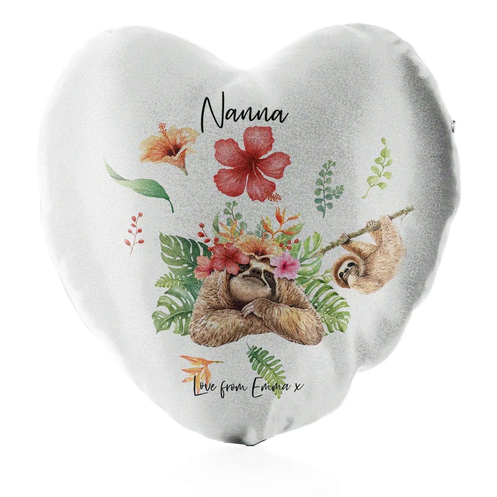 Personalised Glitter Heart Cushion with Stylish Text and Floral Mum and Baby Sloths