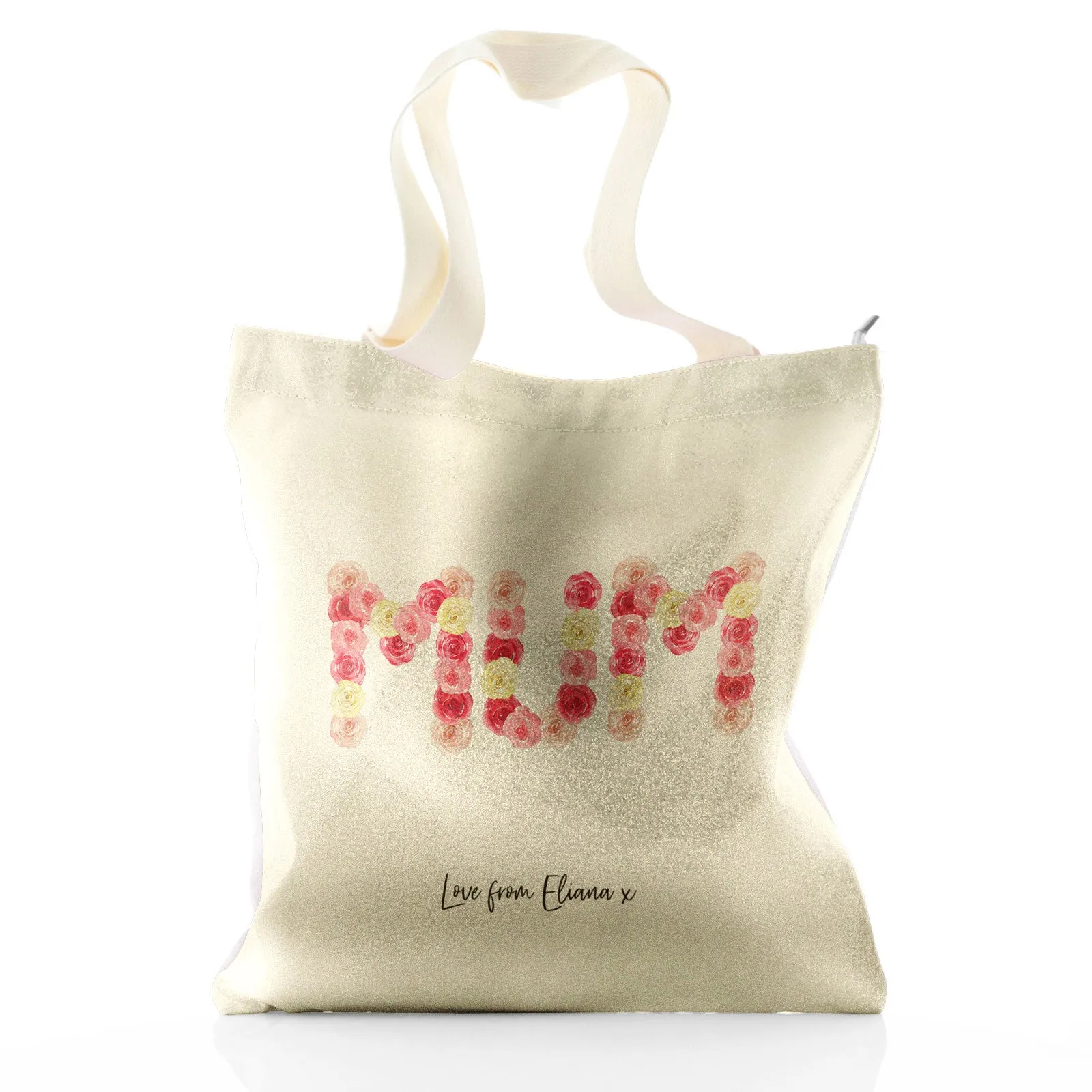 Personalised Glitter Tote Bag with Stylish Text and Floral MUM