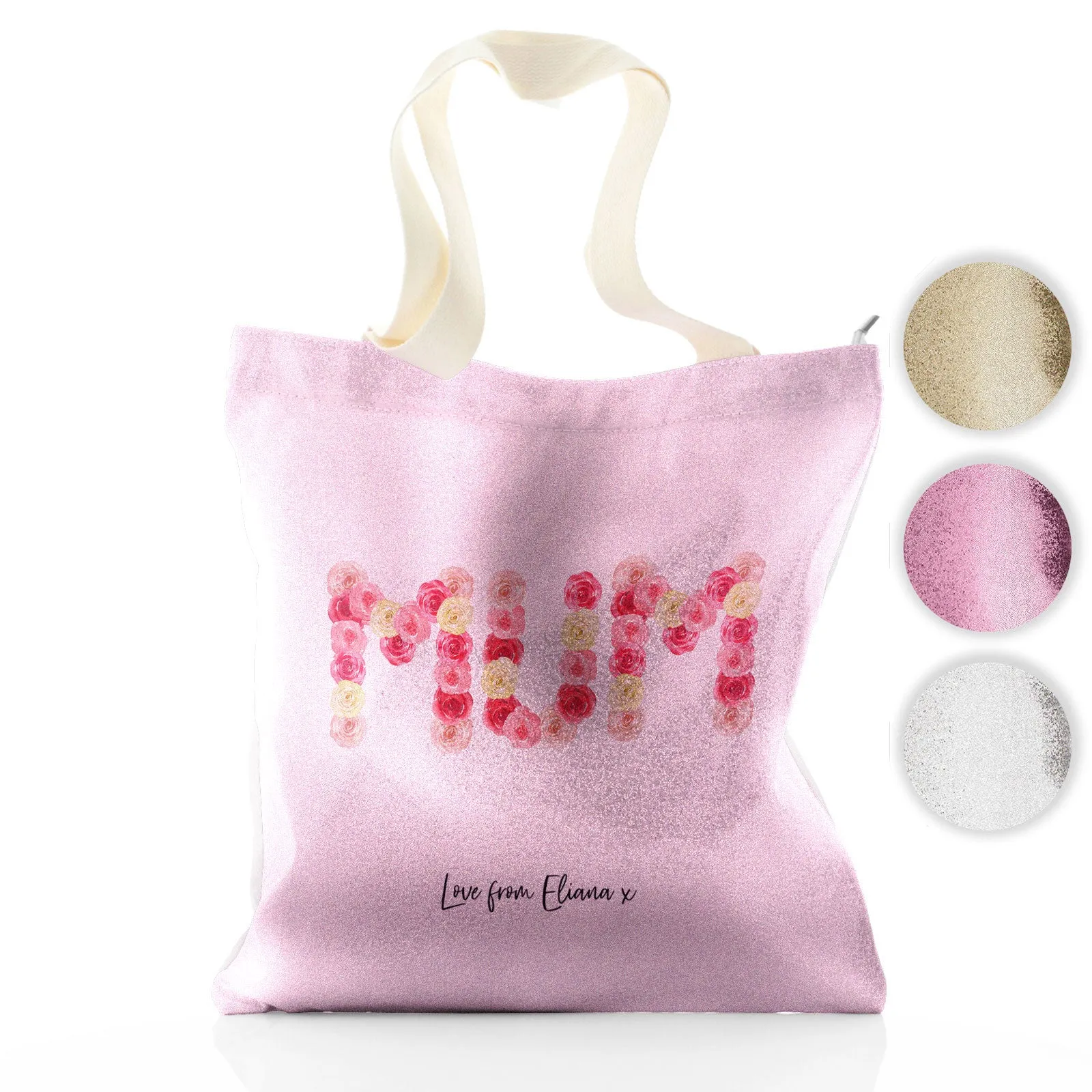 Personalised Glitter Tote Bag with Stylish Text and Floral MUM
