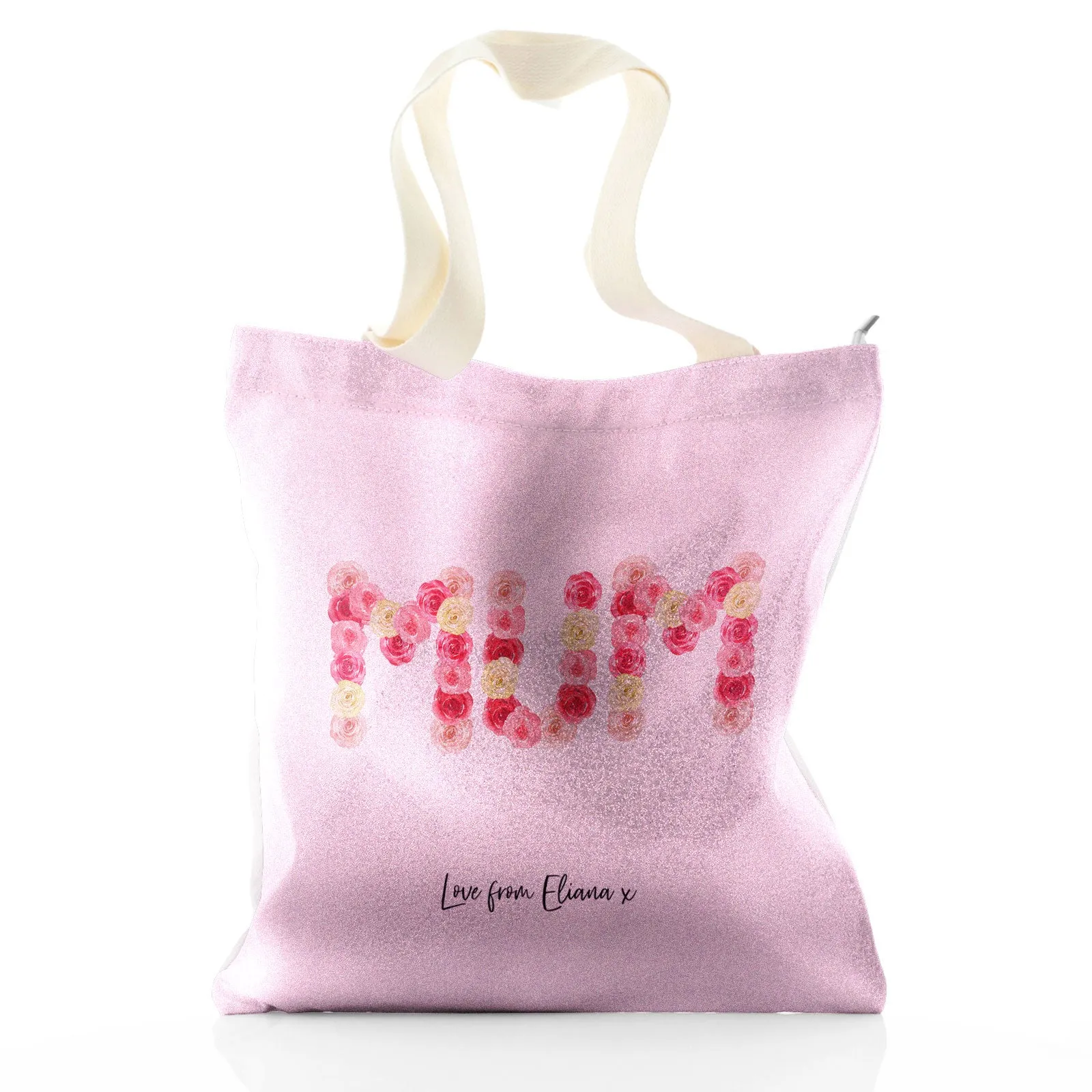 Personalised Glitter Tote Bag with Stylish Text and Floral MUM