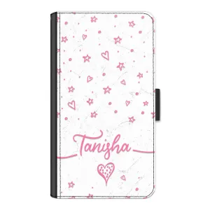 Personalised HTC Phone Leather Wallet with Pink Stylish text, Stars and Hearts on White Marble