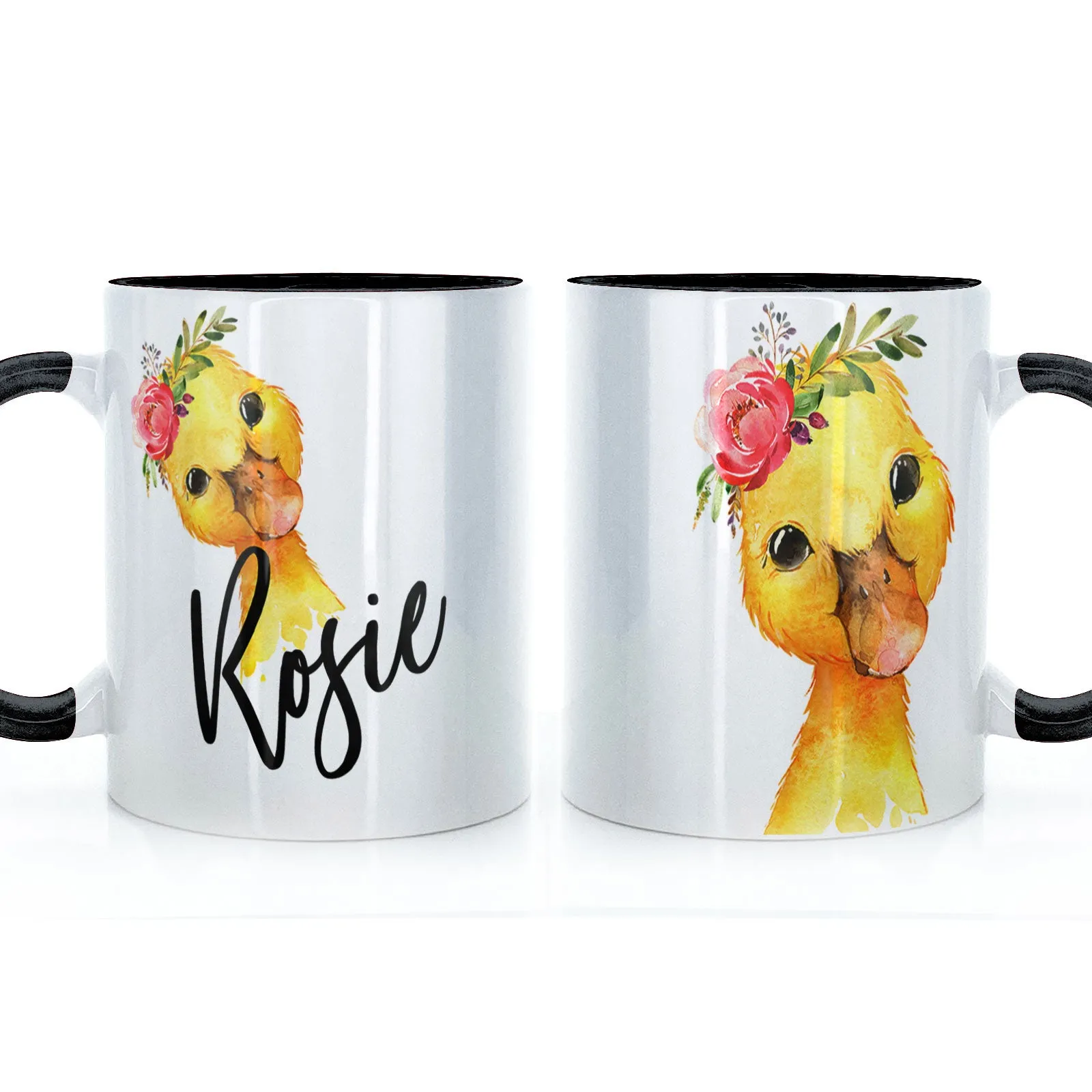 Personalised Mug with Stylish Text and Pink Flower Duckling