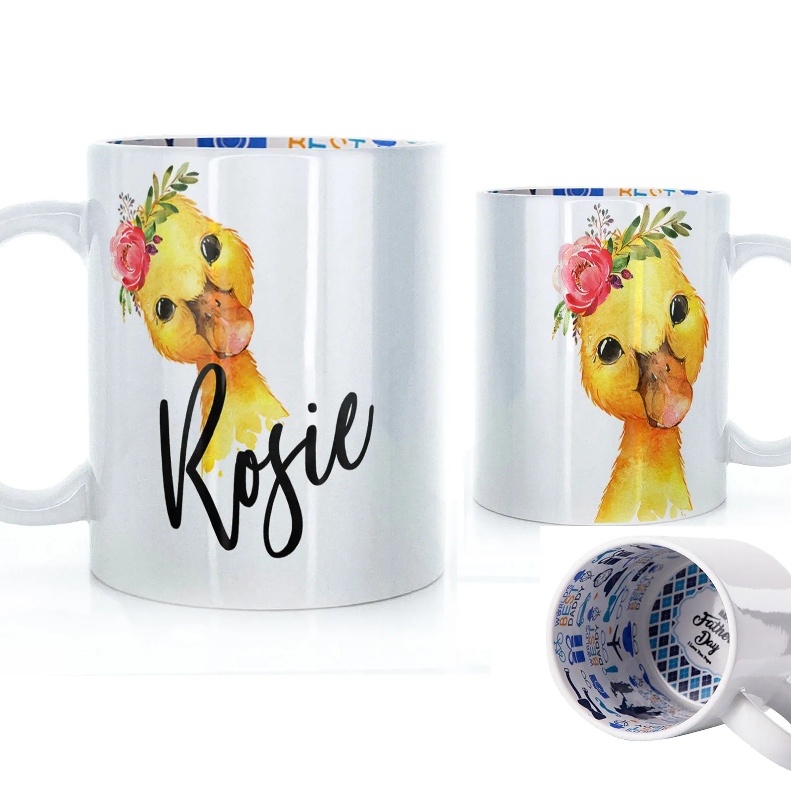 Personalised Mug with Stylish Text and Pink Flower Duckling