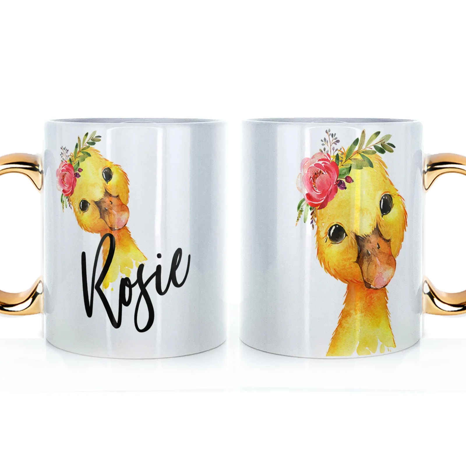 Personalised Mug with Stylish Text and Pink Flower Duckling