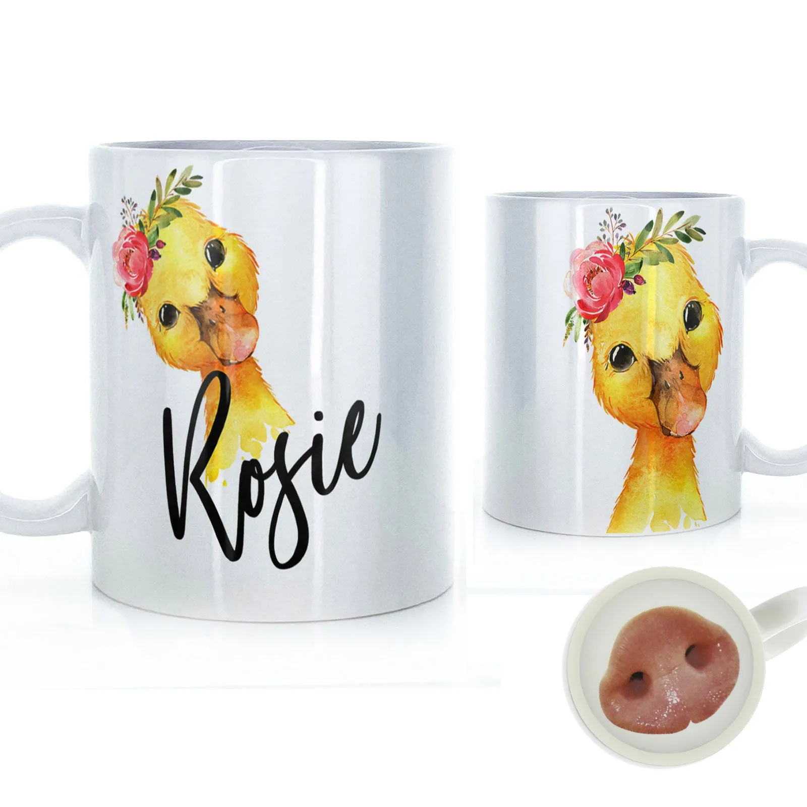 Personalised Mug with Stylish Text and Pink Flower Duckling