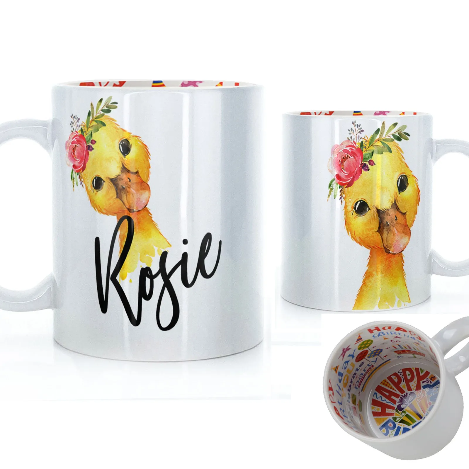 Personalised Mug with Stylish Text and Pink Flower Duckling