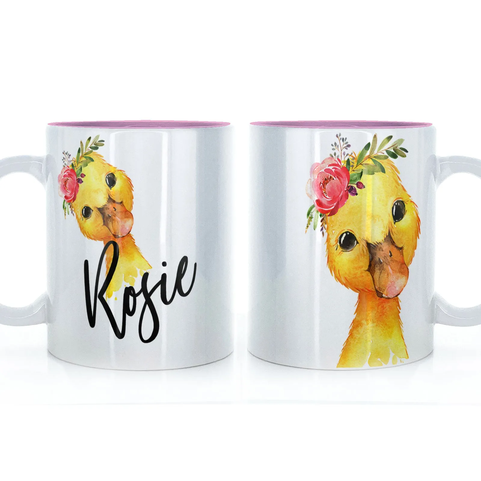 Personalised Mug with Stylish Text and Pink Flower Duckling