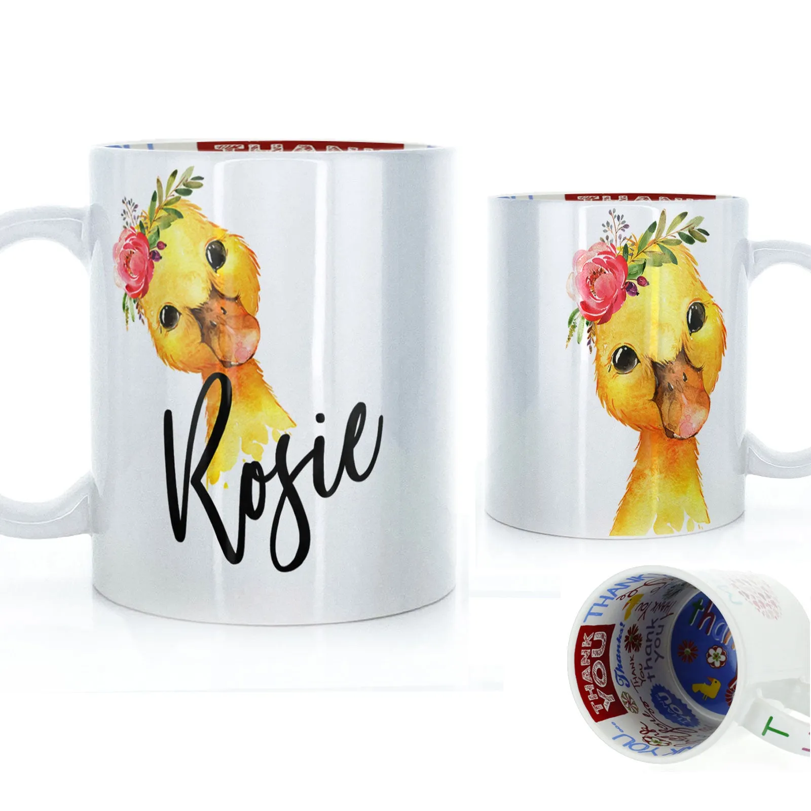 Personalised Mug with Stylish Text and Pink Flower Duckling