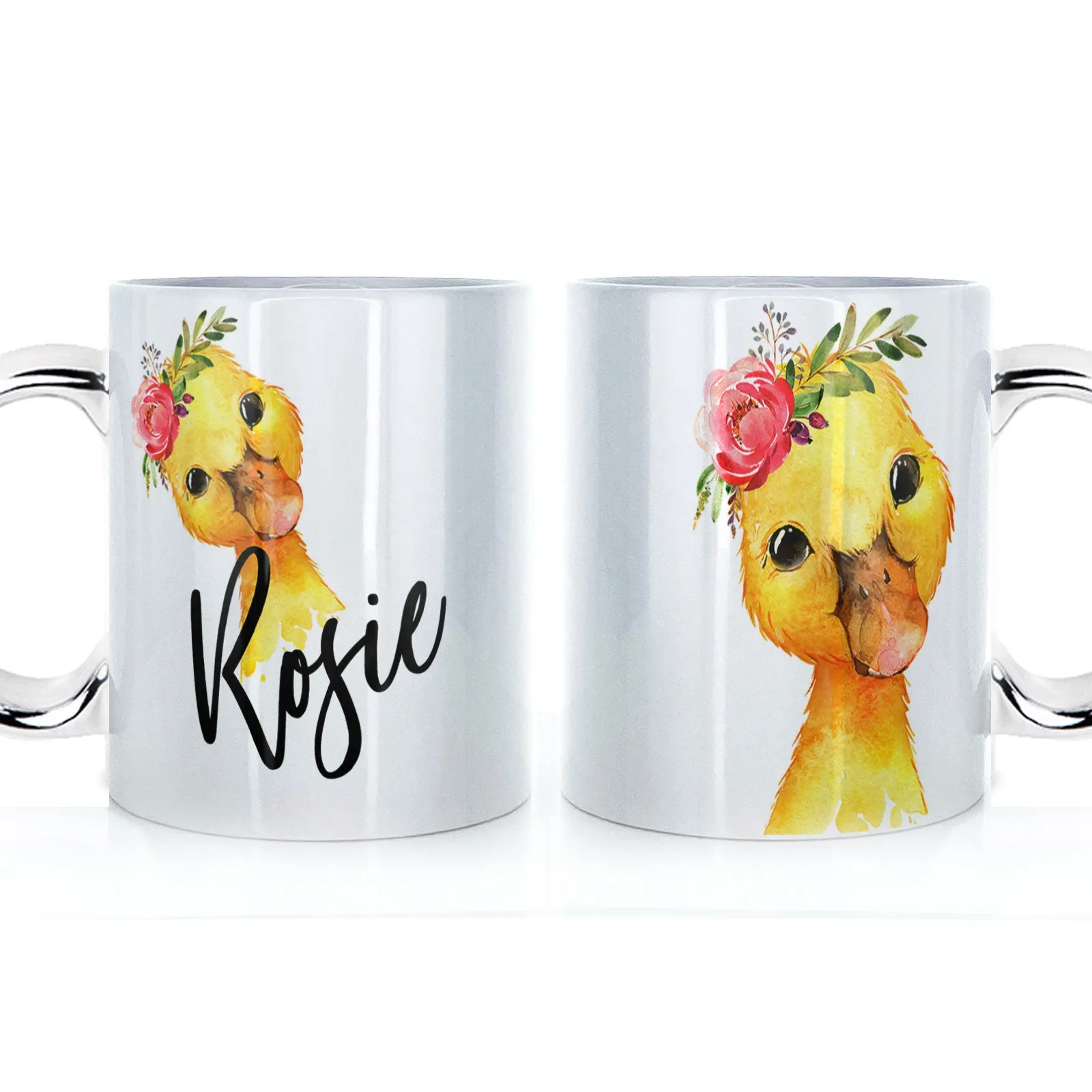 Personalised Mug with Stylish Text and Pink Flower Duckling