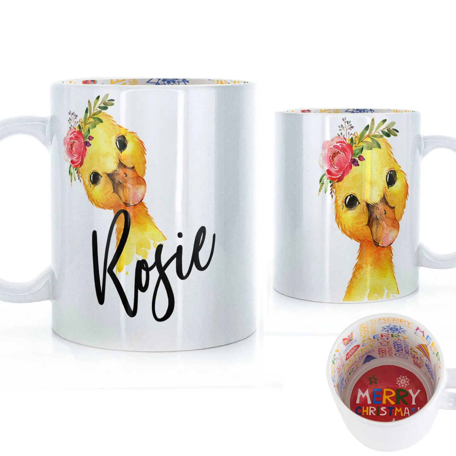 Personalised Mug with Stylish Text and Pink Flower Duckling