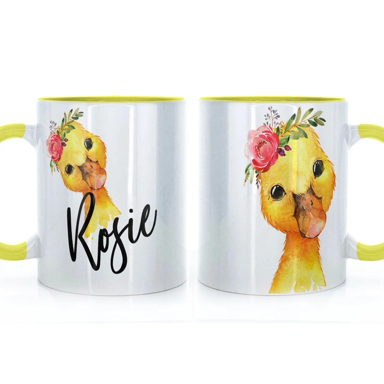 Personalised Mug with Stylish Text and Pink Flower Duckling