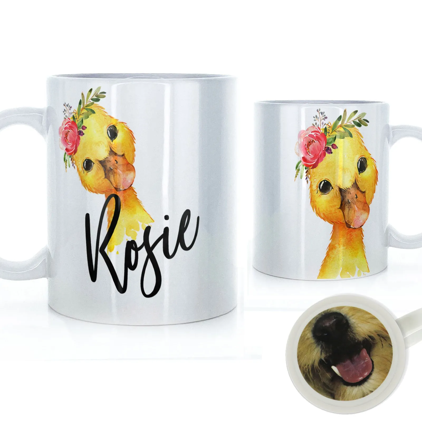 Personalised Mug with Stylish Text and Pink Flower Duckling