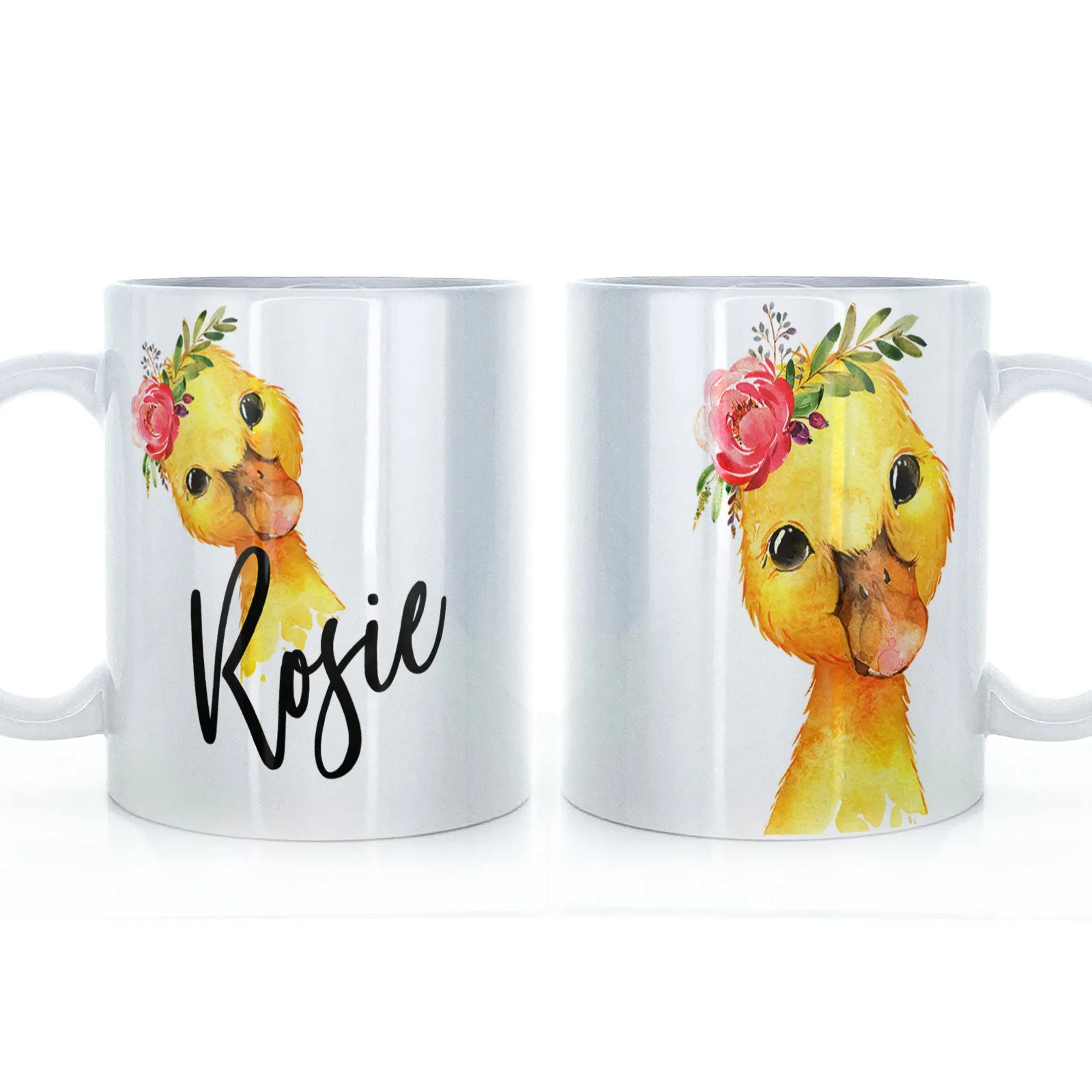 Personalised Mug with Stylish Text and Pink Flower Duckling