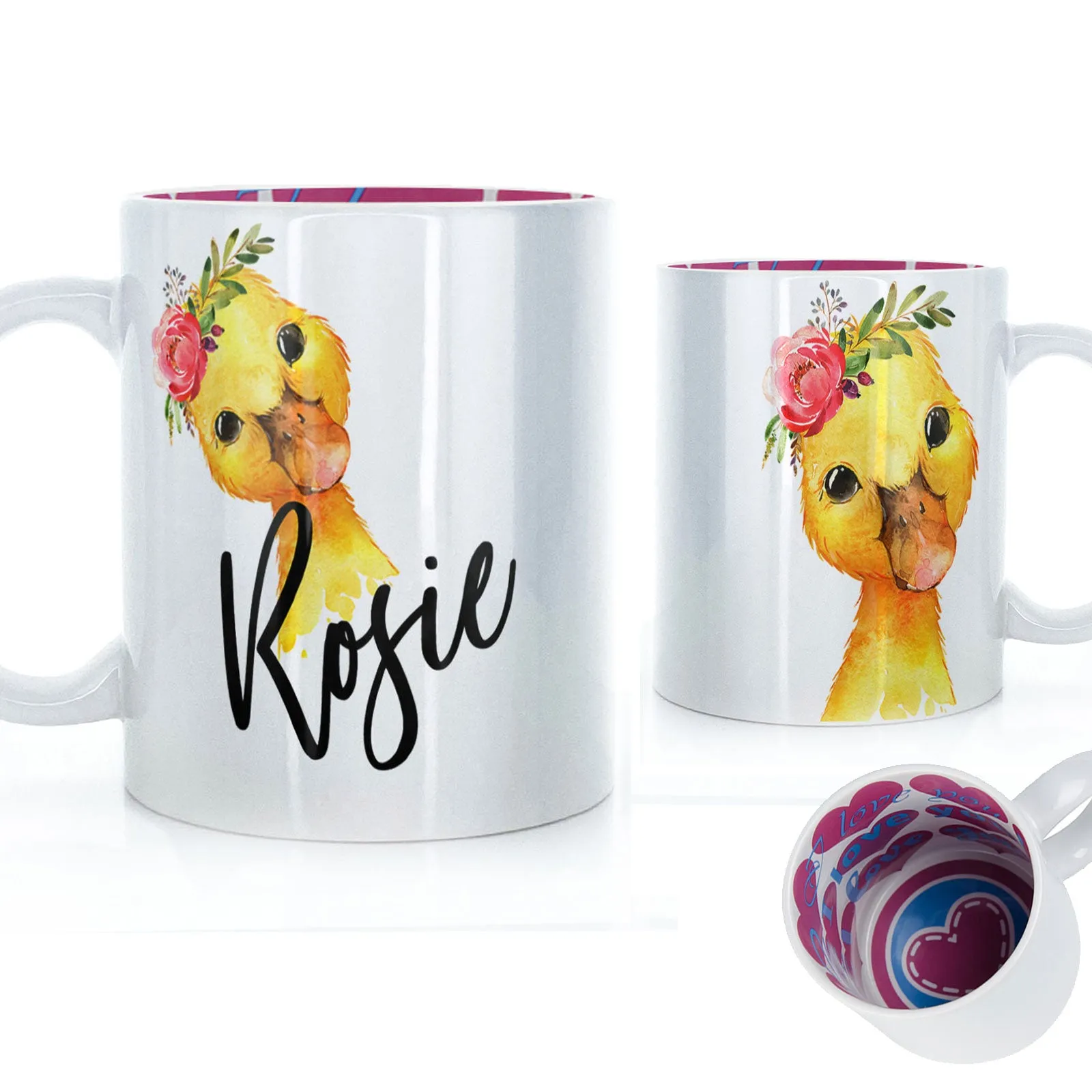 Personalised Mug with Stylish Text and Pink Flower Duckling