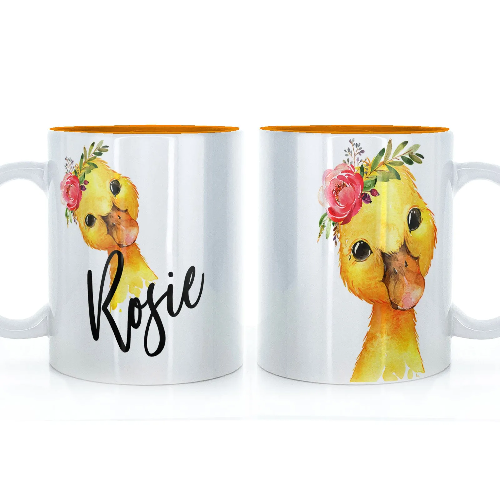 Personalised Mug with Stylish Text and Pink Flower Duckling
