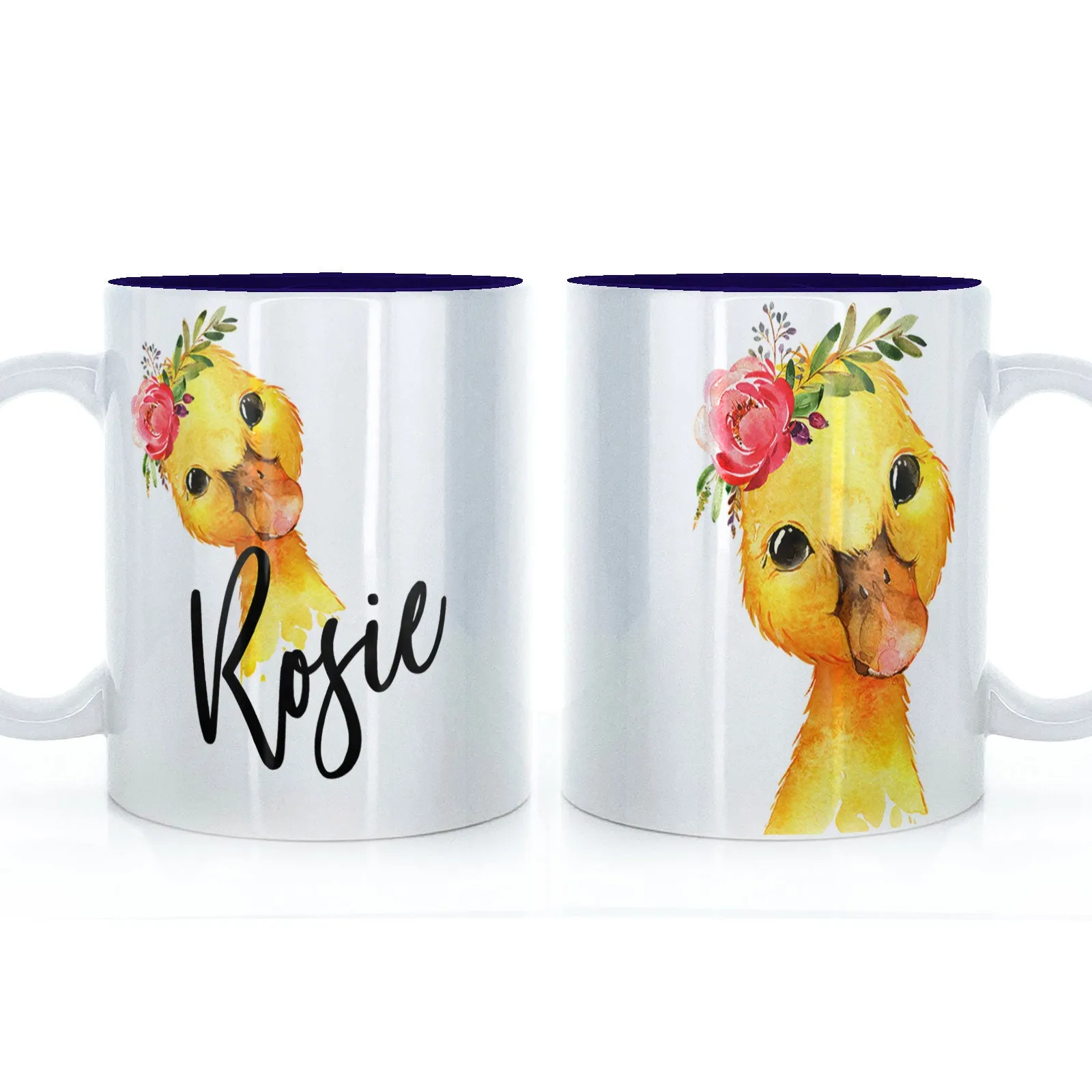 Personalised Mug with Stylish Text and Pink Flower Duckling