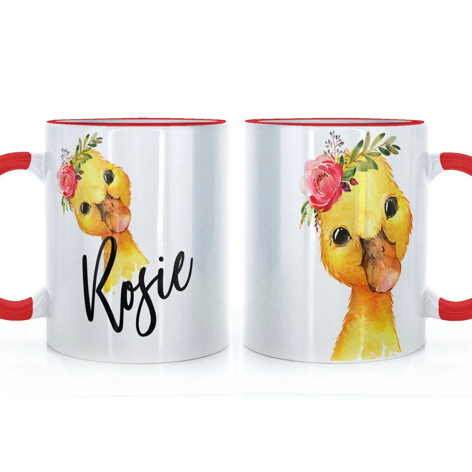 Personalised Mug with Stylish Text and Pink Flower Duckling