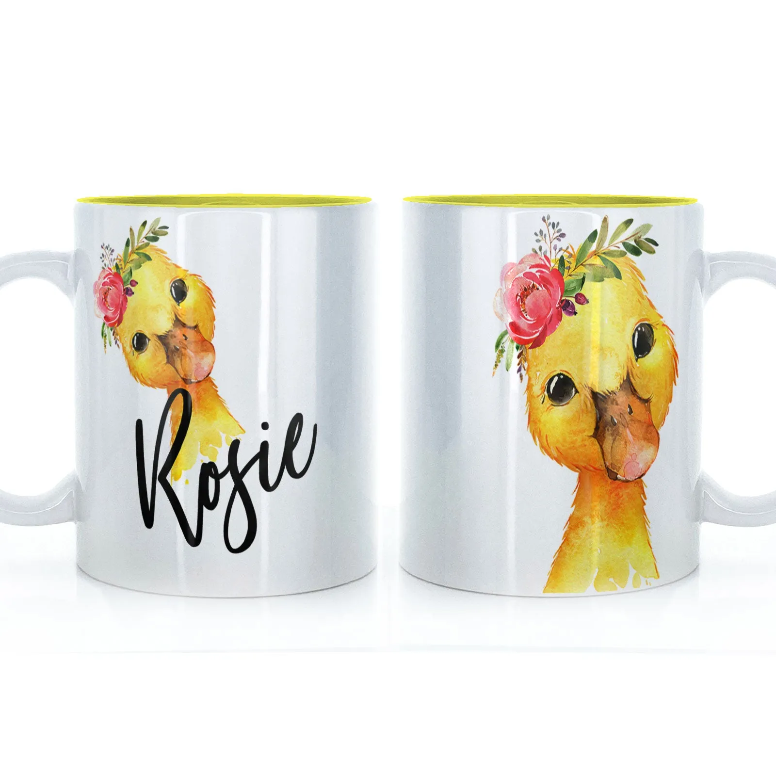 Personalised Mug with Stylish Text and Pink Flower Duckling