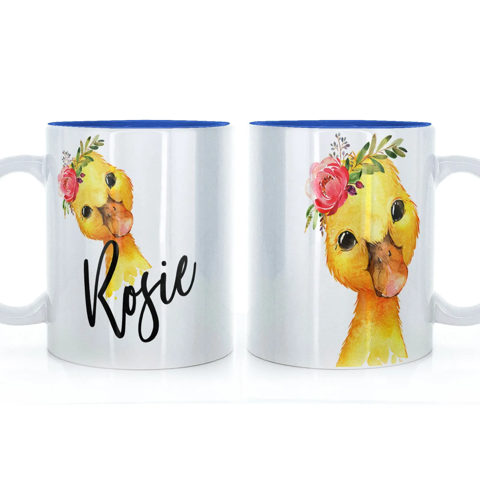 Personalised Mug with Stylish Text and Pink Flower Duckling