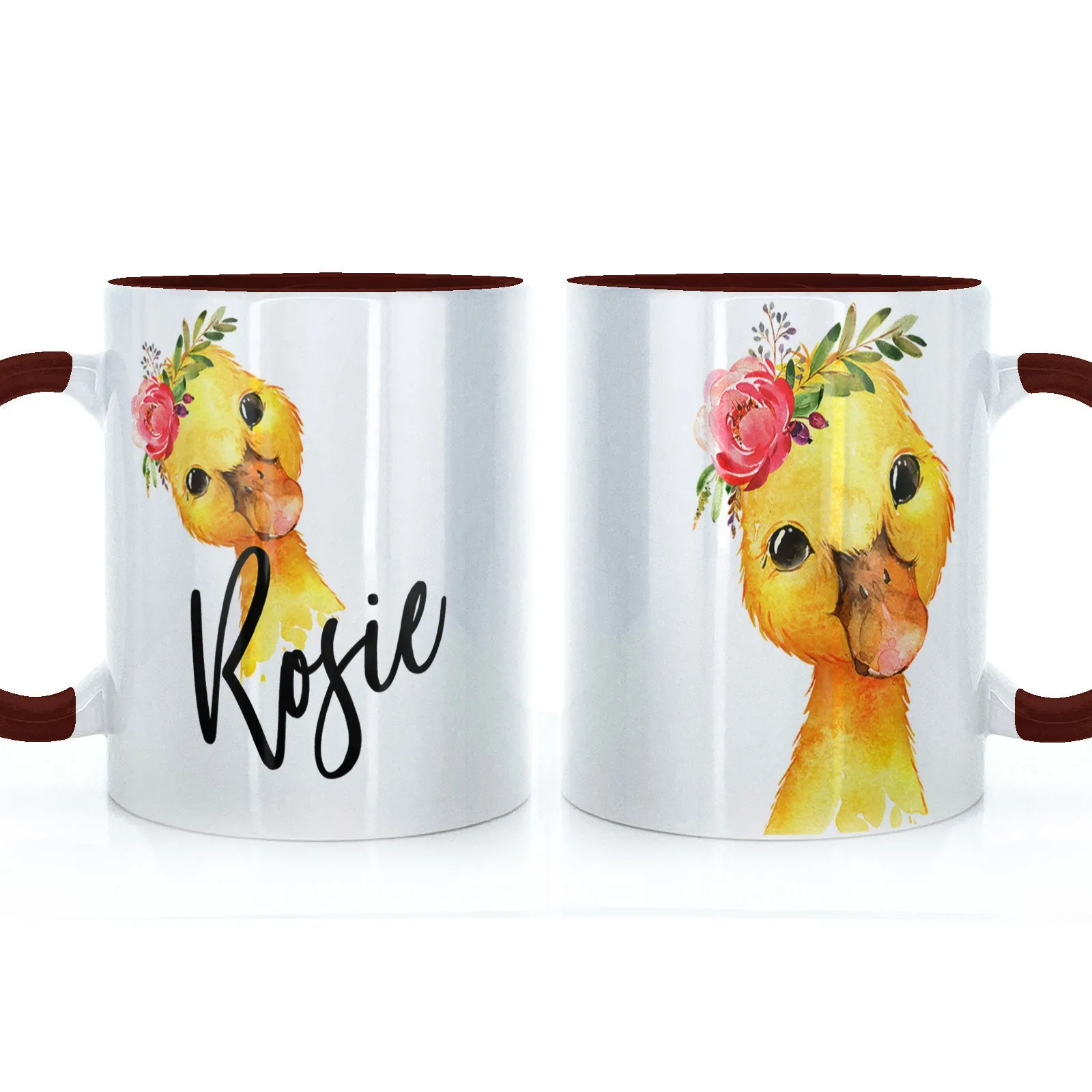 Personalised Mug with Stylish Text and Pink Flower Duckling