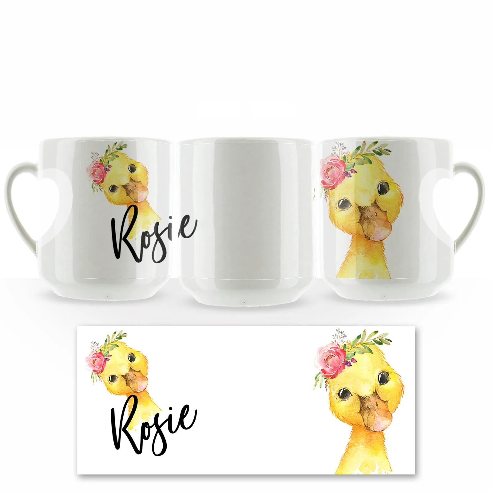 Personalised Mug with Stylish Text and Pink Flower Duckling
