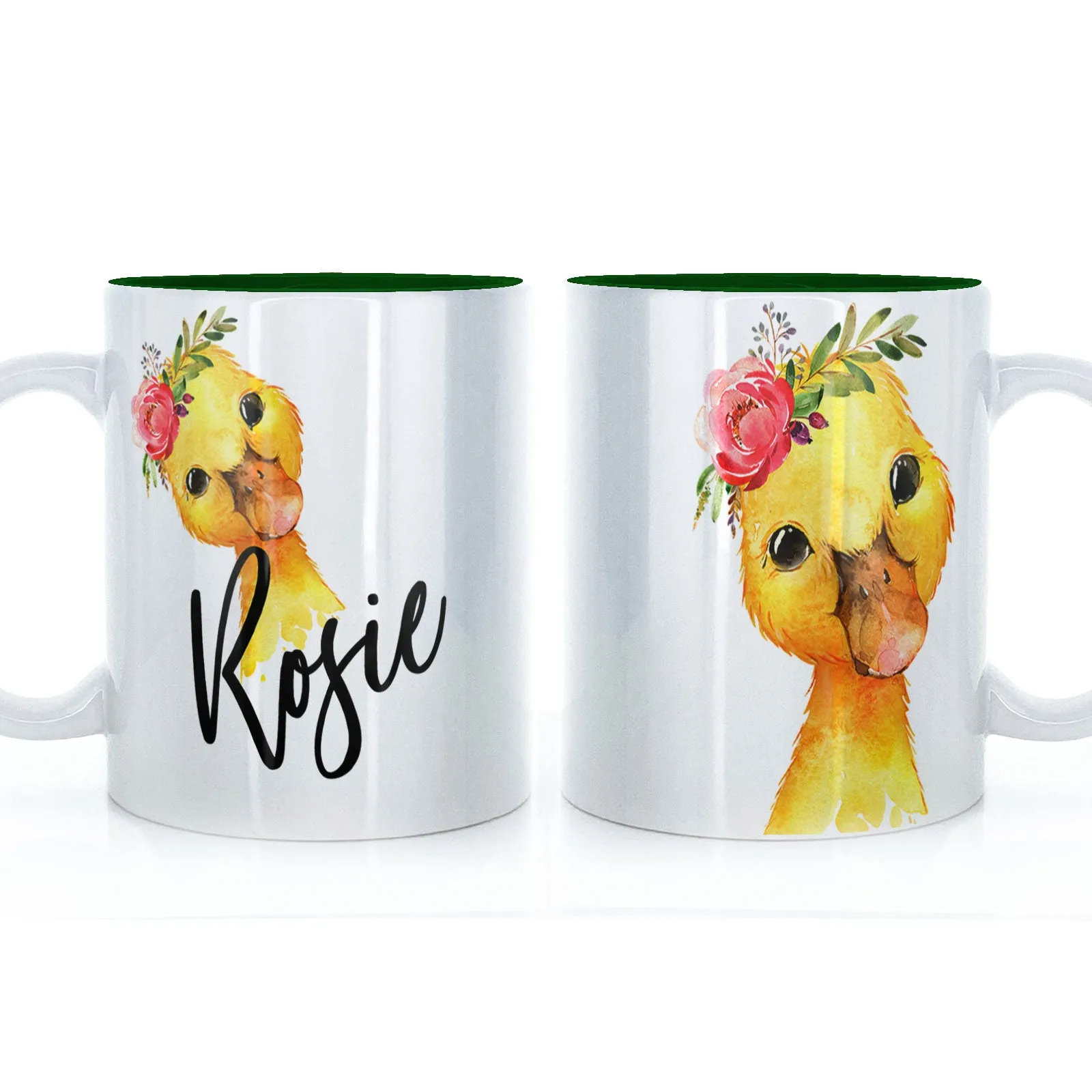Personalised Mug with Stylish Text and Pink Flower Duckling