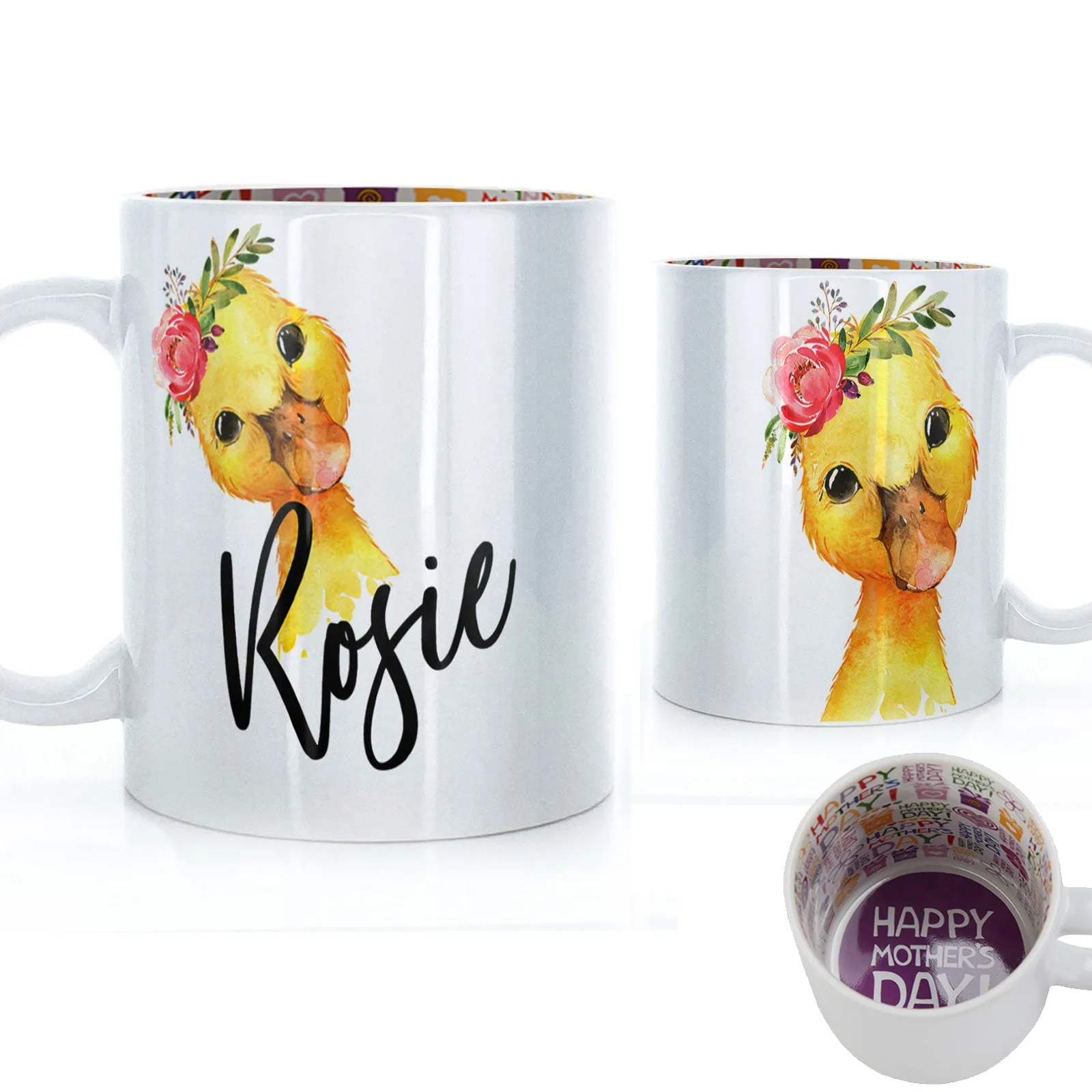 Personalised Mug with Stylish Text and Pink Flower Duckling