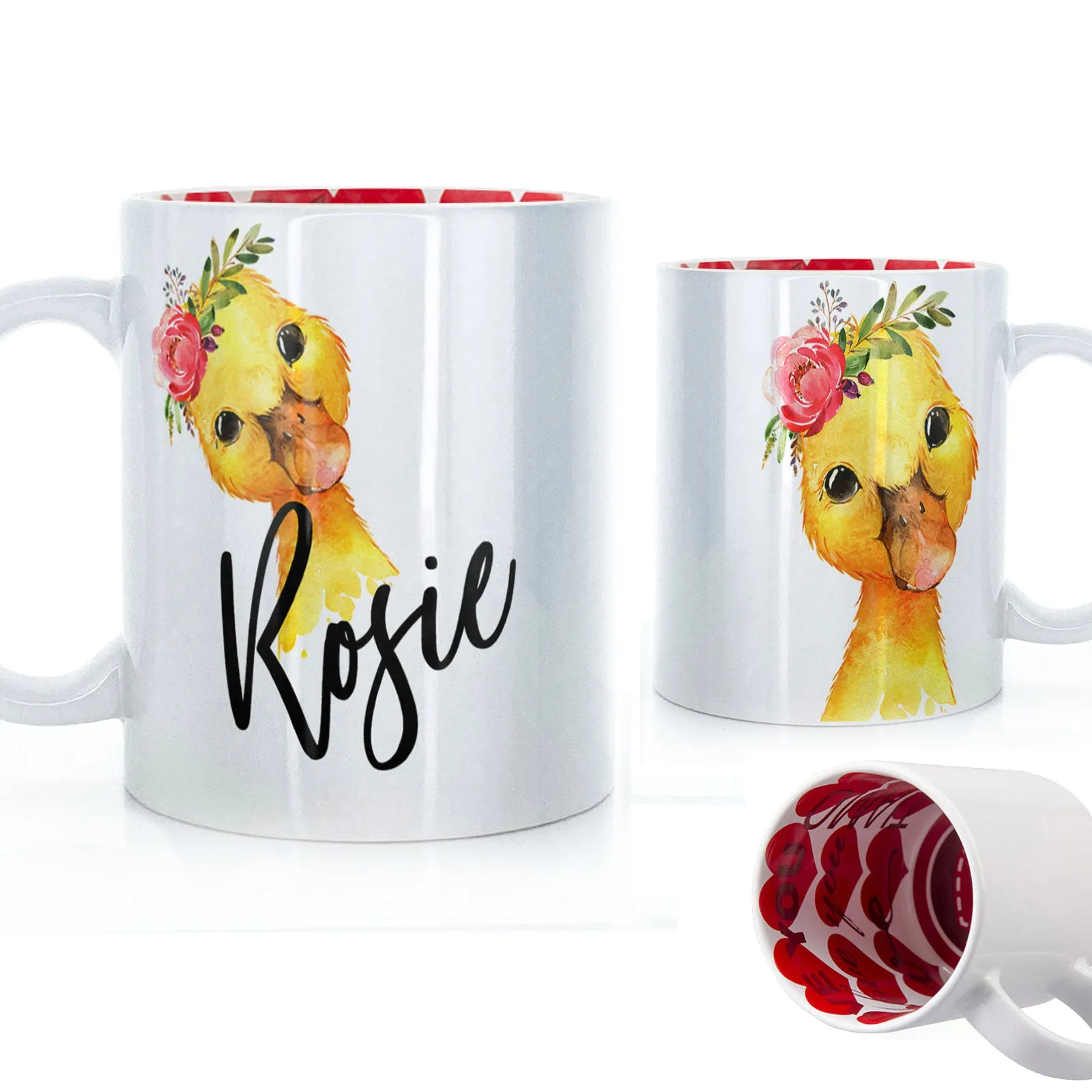 Personalised Mug with Stylish Text and Pink Flower Duckling