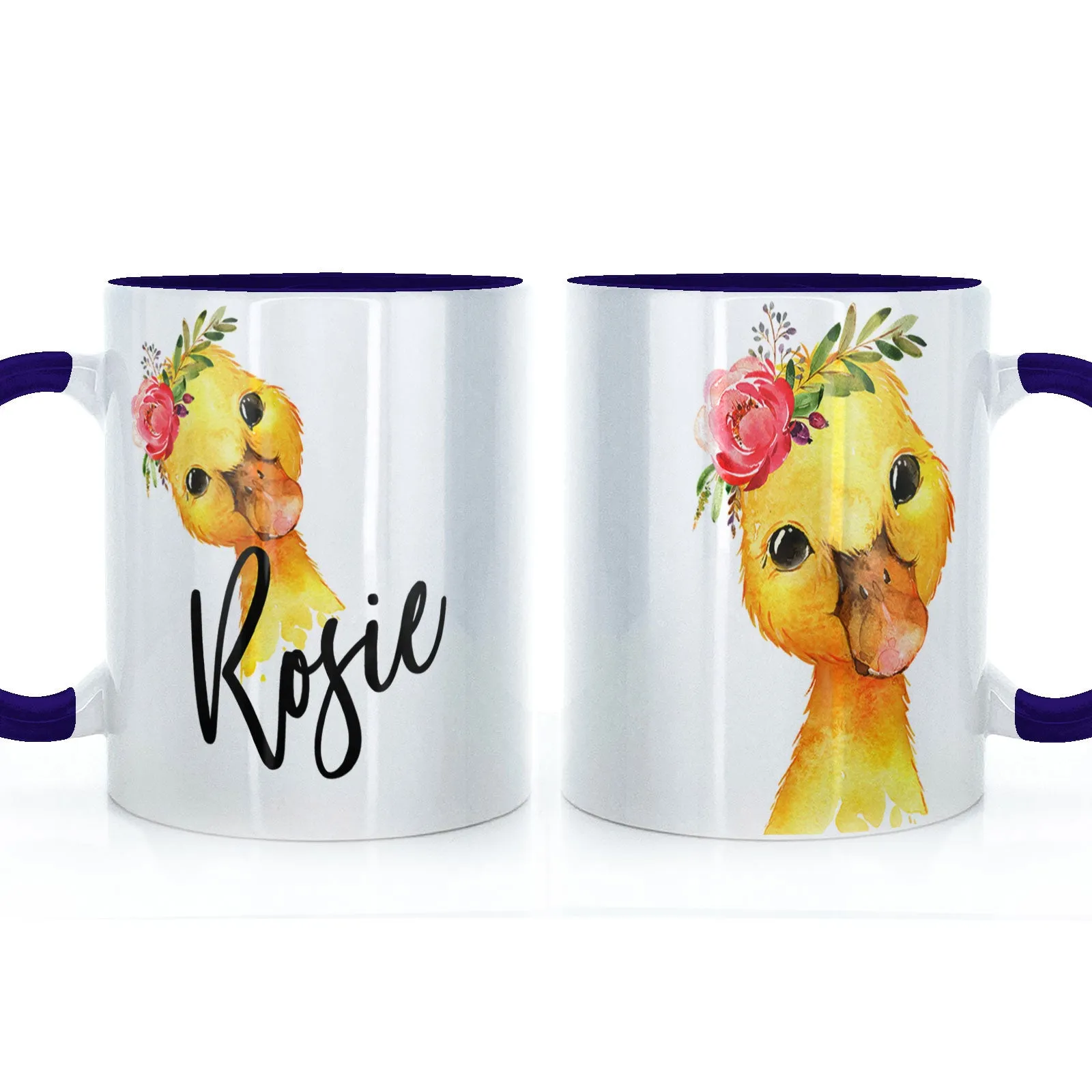 Personalised Mug with Stylish Text and Pink Flower Duckling