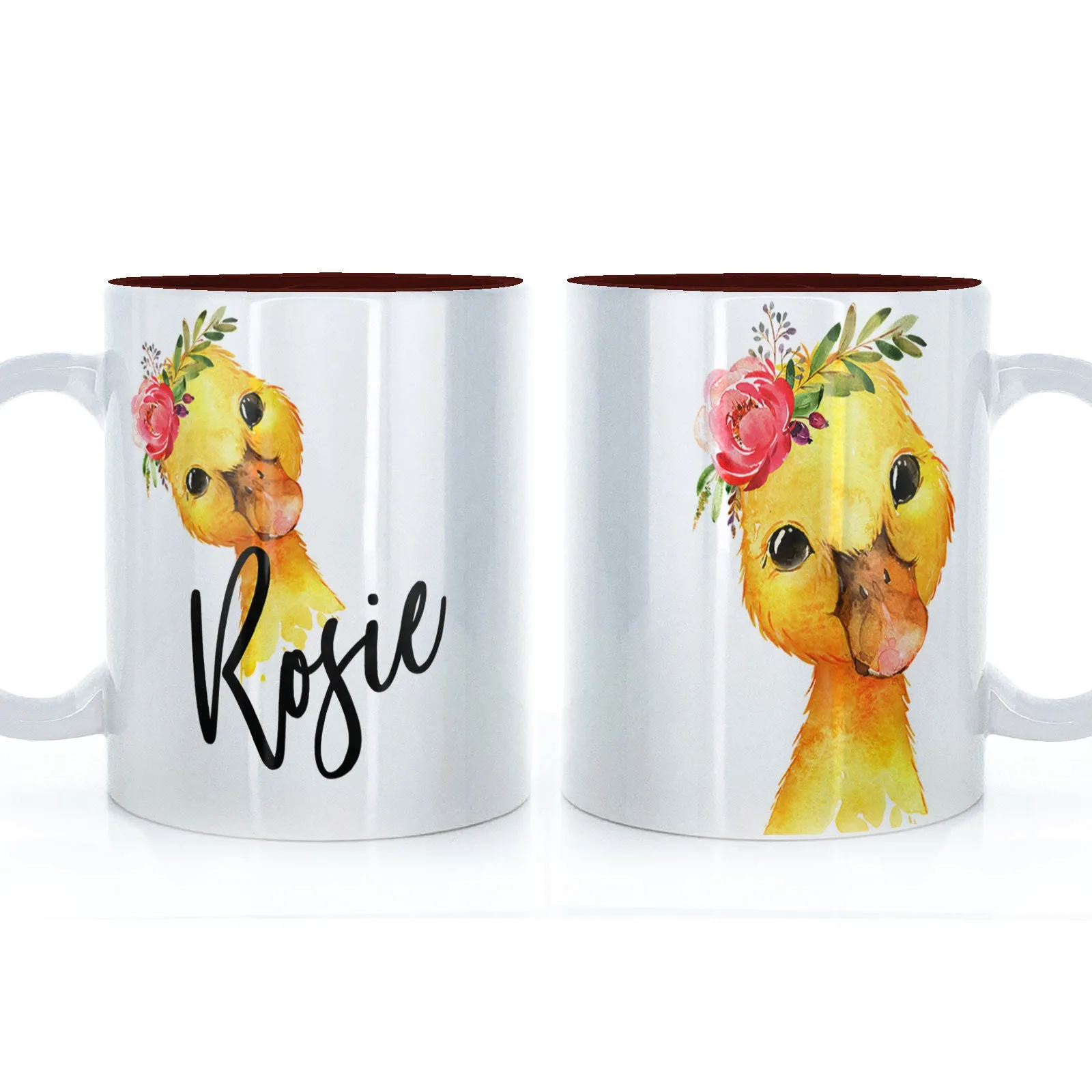 Personalised Mug with Stylish Text and Pink Flower Duckling