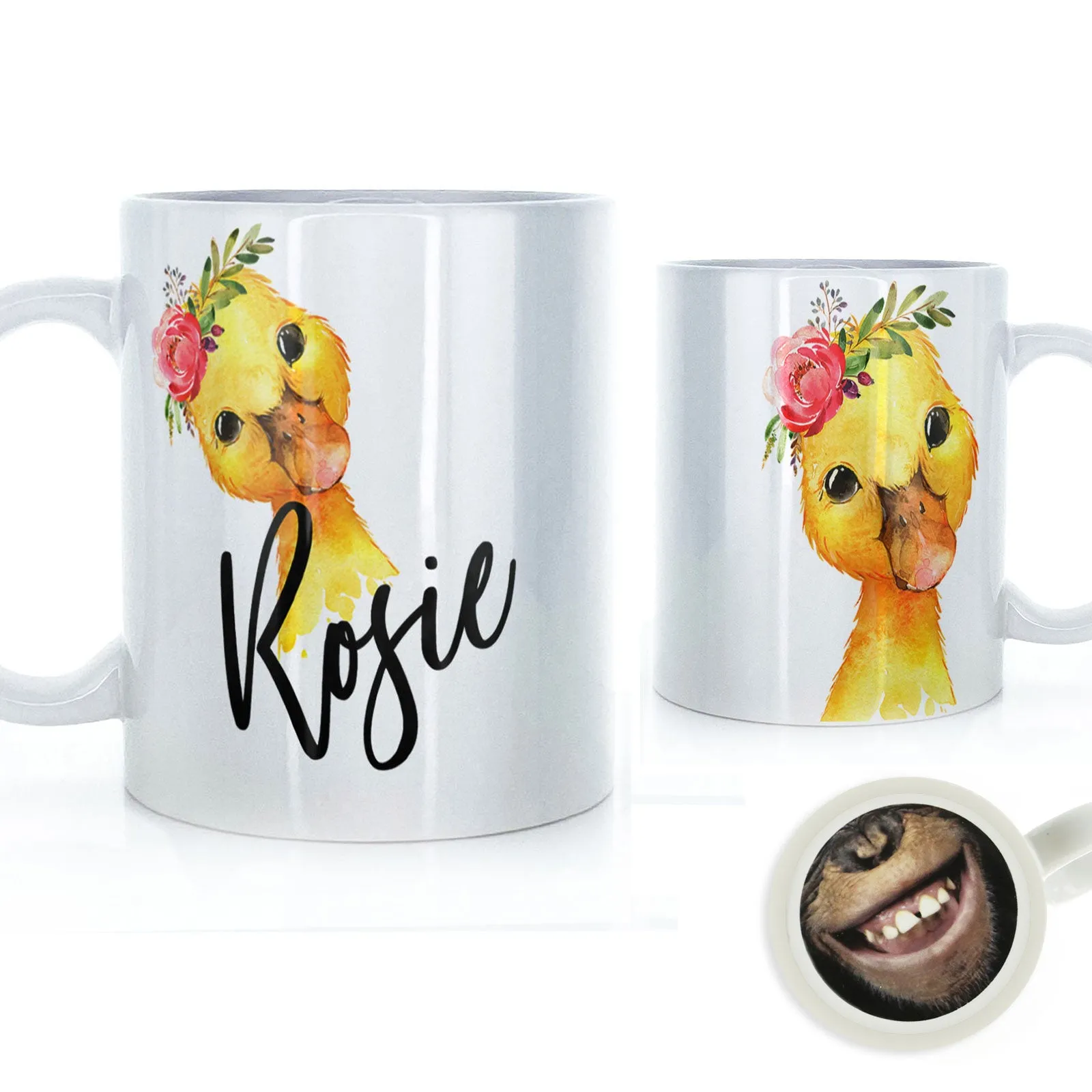 Personalised Mug with Stylish Text and Pink Flower Duckling