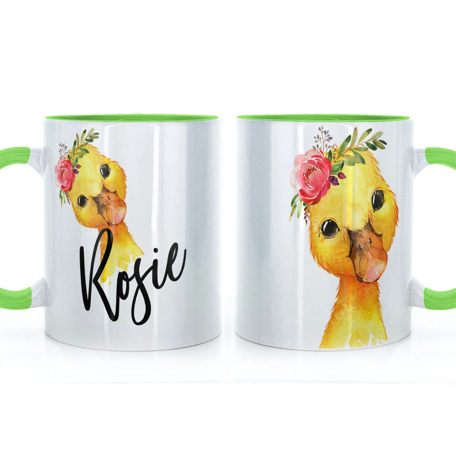 Personalised Mug with Stylish Text and Pink Flower Duckling