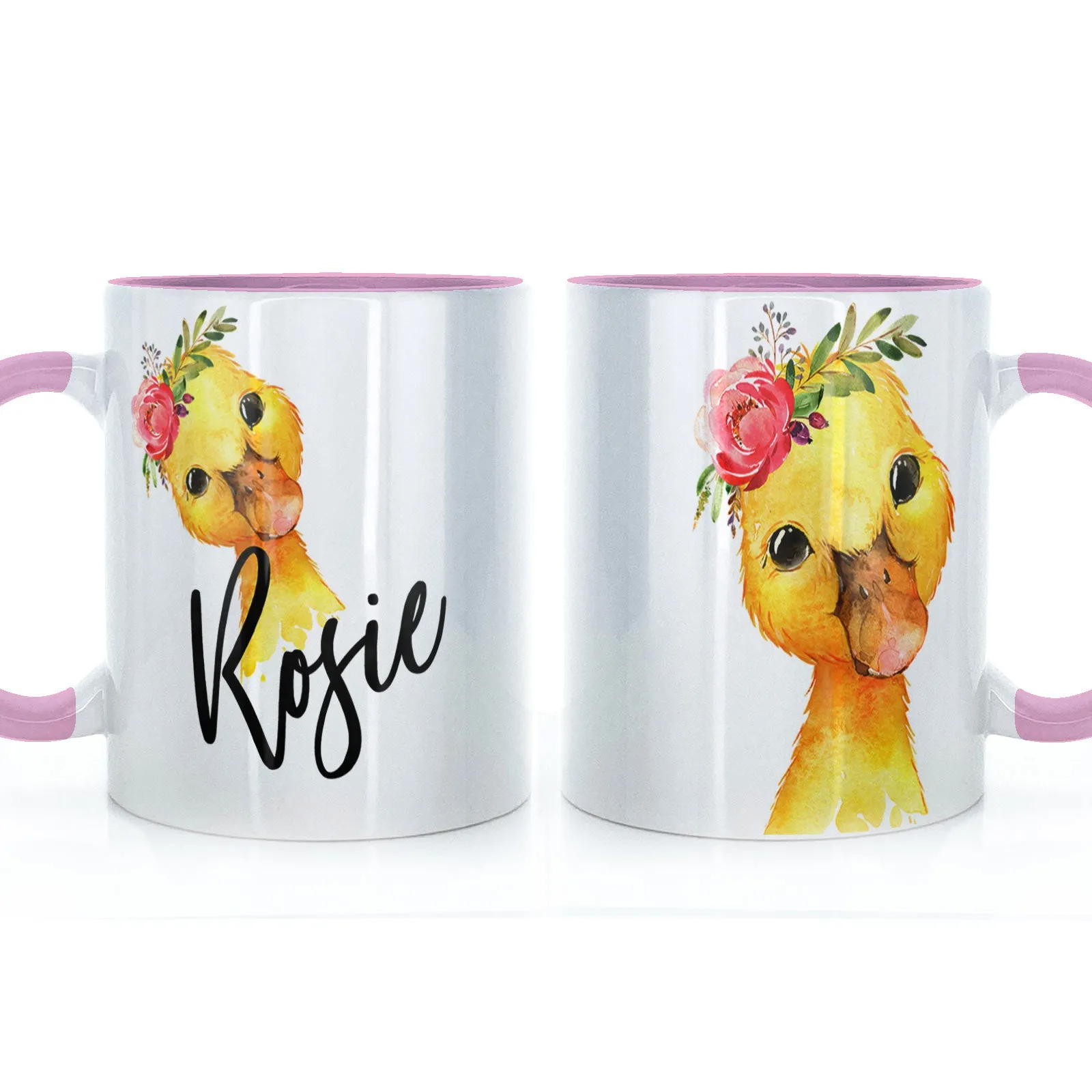 Personalised Mug with Stylish Text and Pink Flower Duckling