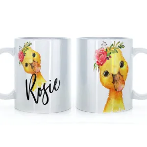Personalised Mug with Stylish Text and Pink Flower Duckling