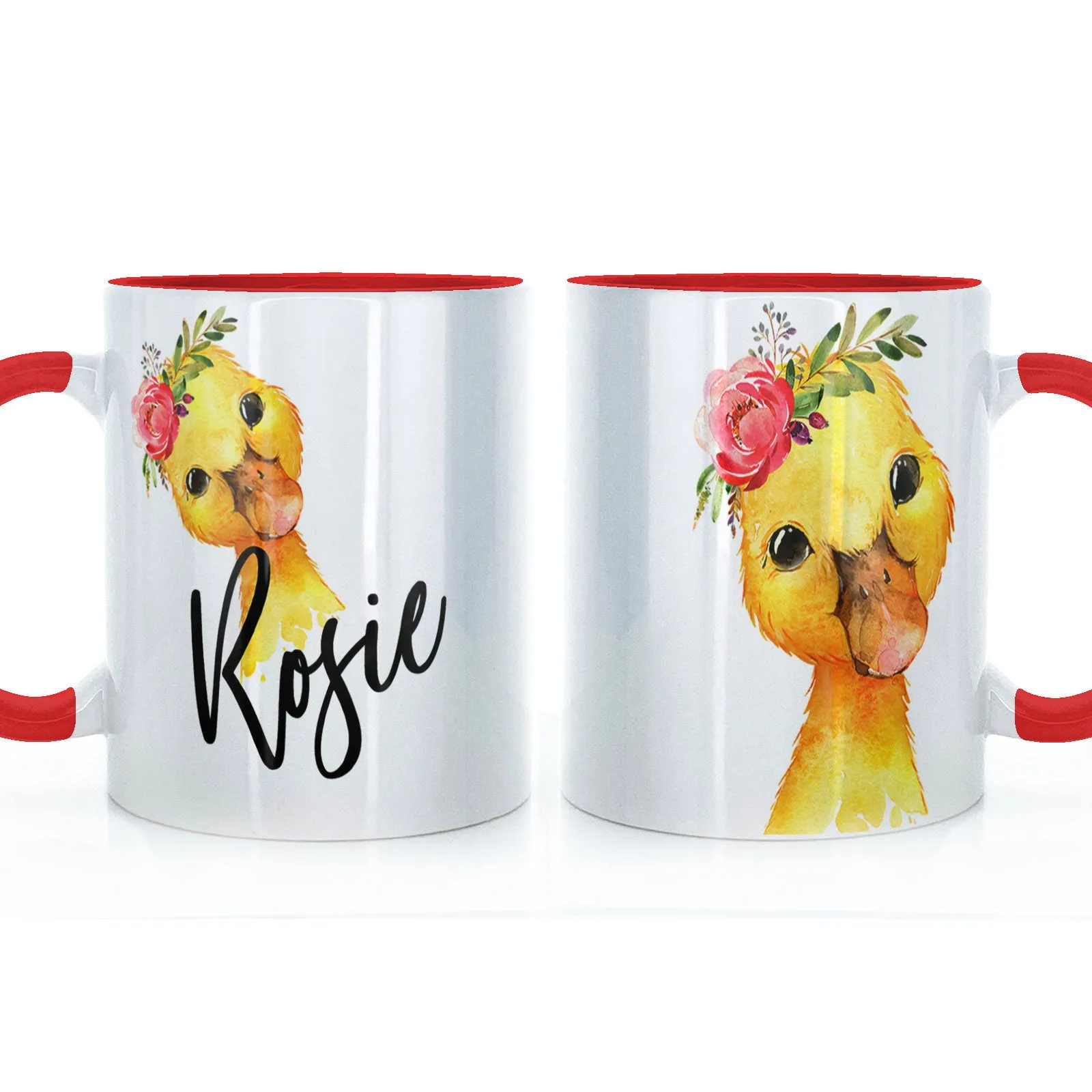 Personalised Mug with Stylish Text and Pink Flower Duckling