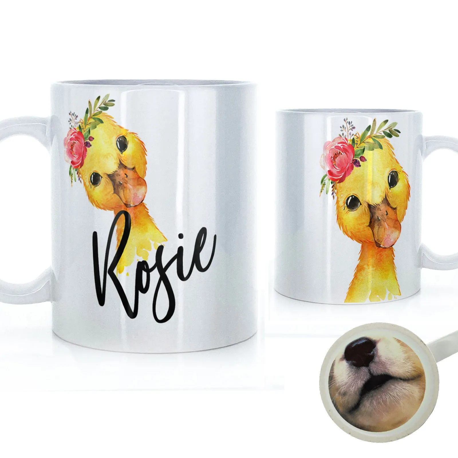 Personalised Mug with Stylish Text and Pink Flower Duckling