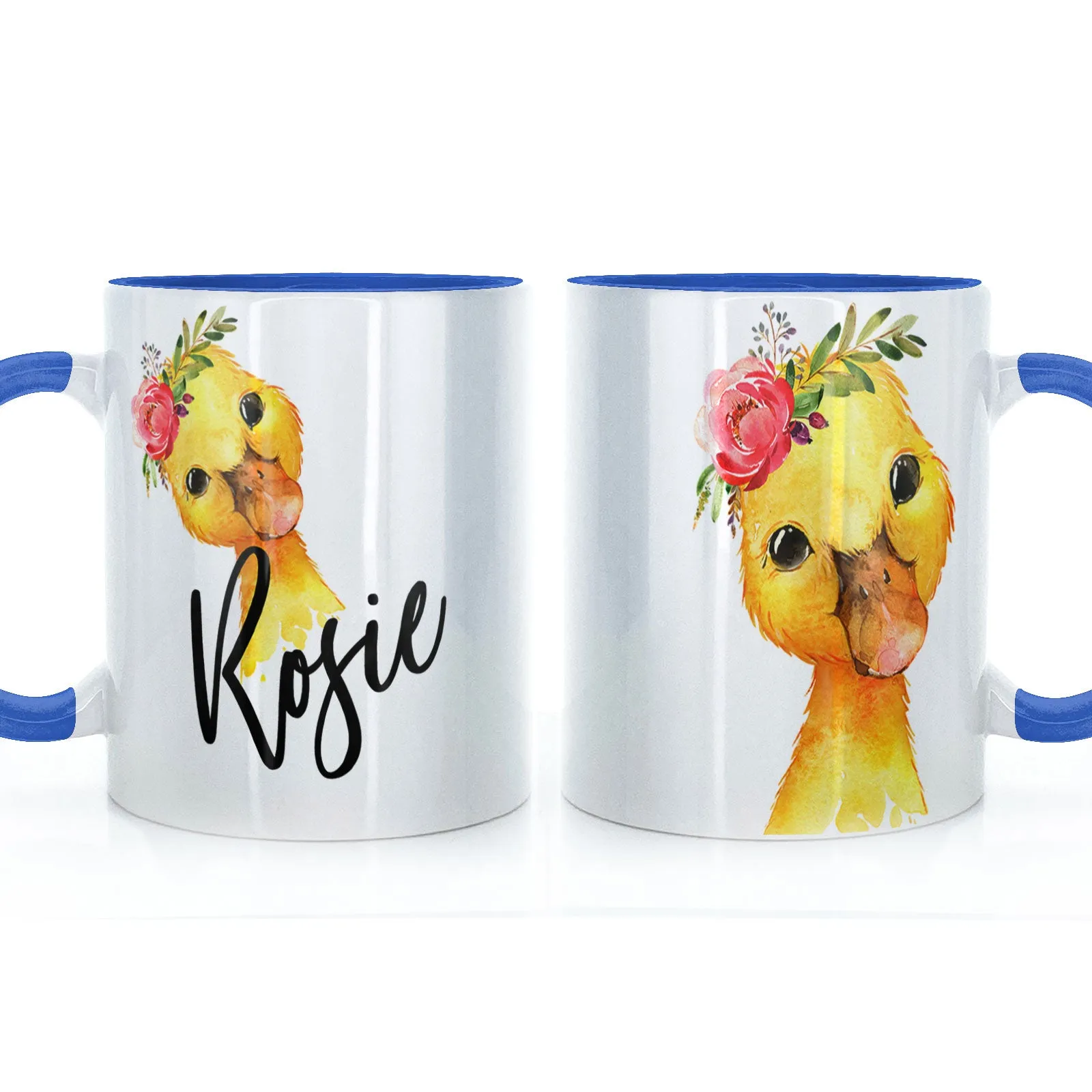 Personalised Mug with Stylish Text and Pink Flower Duckling