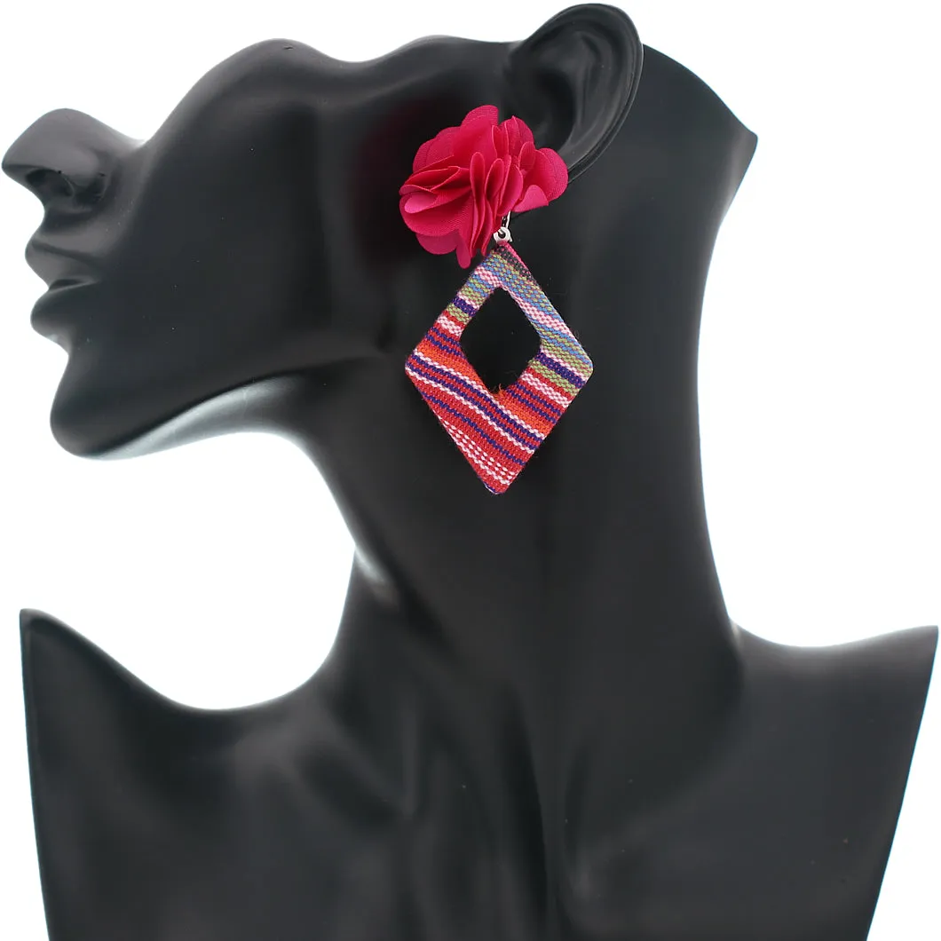 Pink Flower Woven Rhombus Shaped Earrings