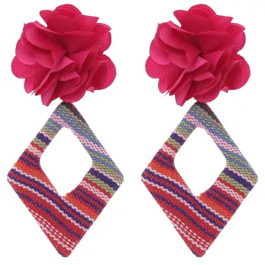 Pink Flower Woven Rhombus Shaped Earrings
