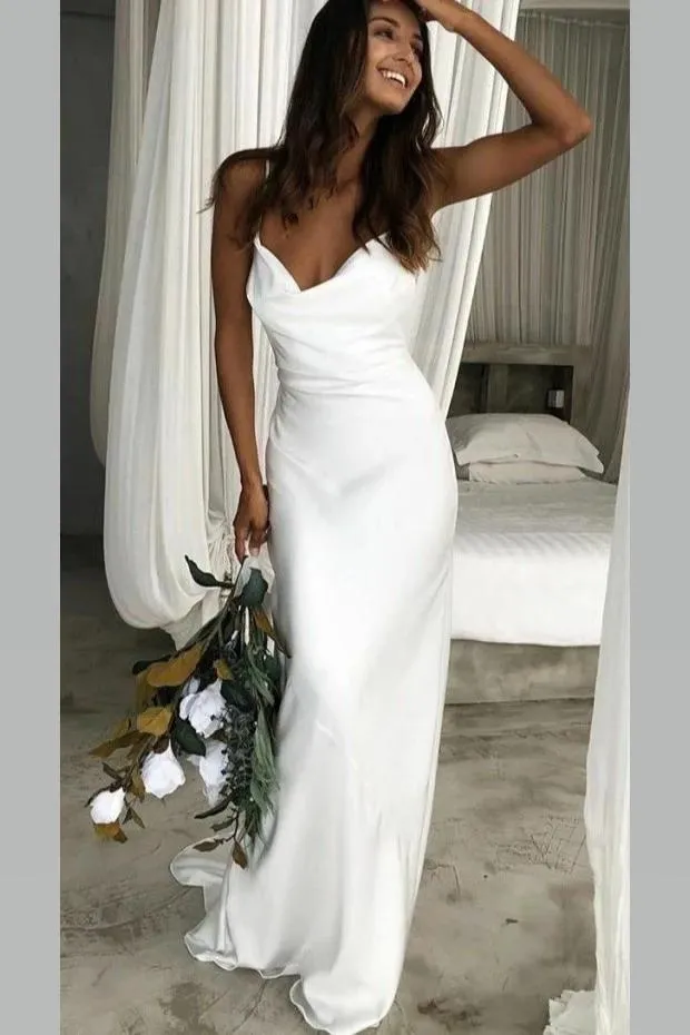 Sexy Backless Spaghetti Strap Elegant Simple Long Prom Dresses, Beach Wedding Dresses, PD1396