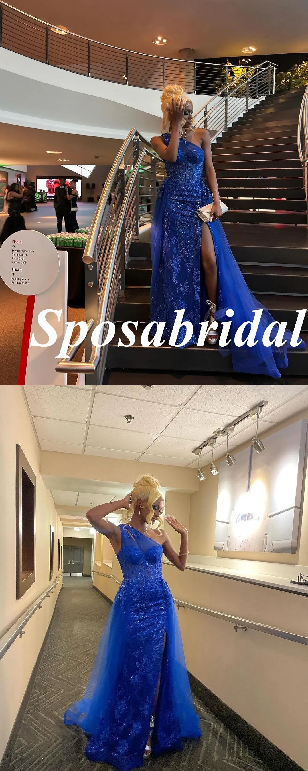 Sexy Royal Blue Tulle And Lace One Shoulder Sleeveless Side Slit Mermaid Long Prom Dresses, PD3917