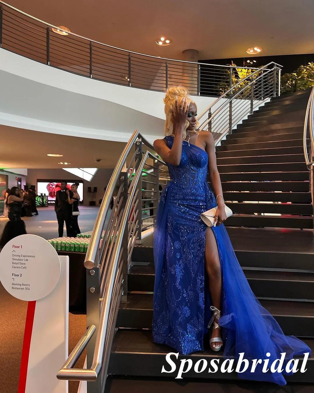 Sexy Royal Blue Tulle And Lace One Shoulder Sleeveless Side Slit Mermaid Long Prom Dresses, PD3917