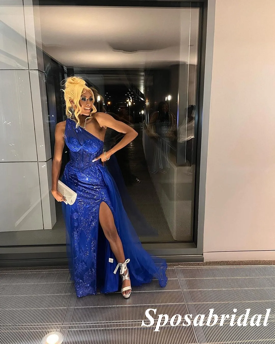 Sexy Royal Blue Tulle And Lace One Shoulder Sleeveless Side Slit Mermaid Long Prom Dresses, PD3917