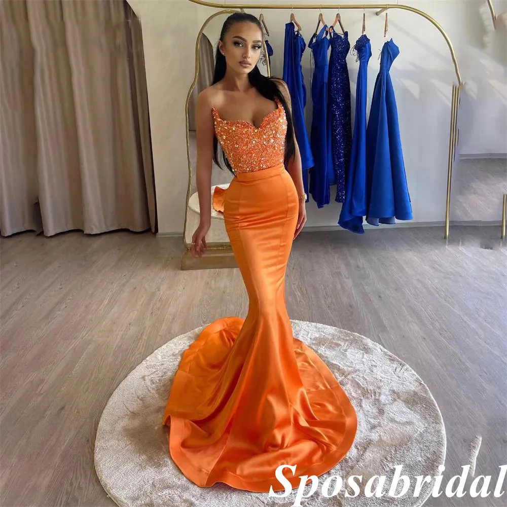 Sexy Soft Satin Sweetheart Sleeveless Mermaid Long Prom Dresses With Sequin And Beading, PD3940