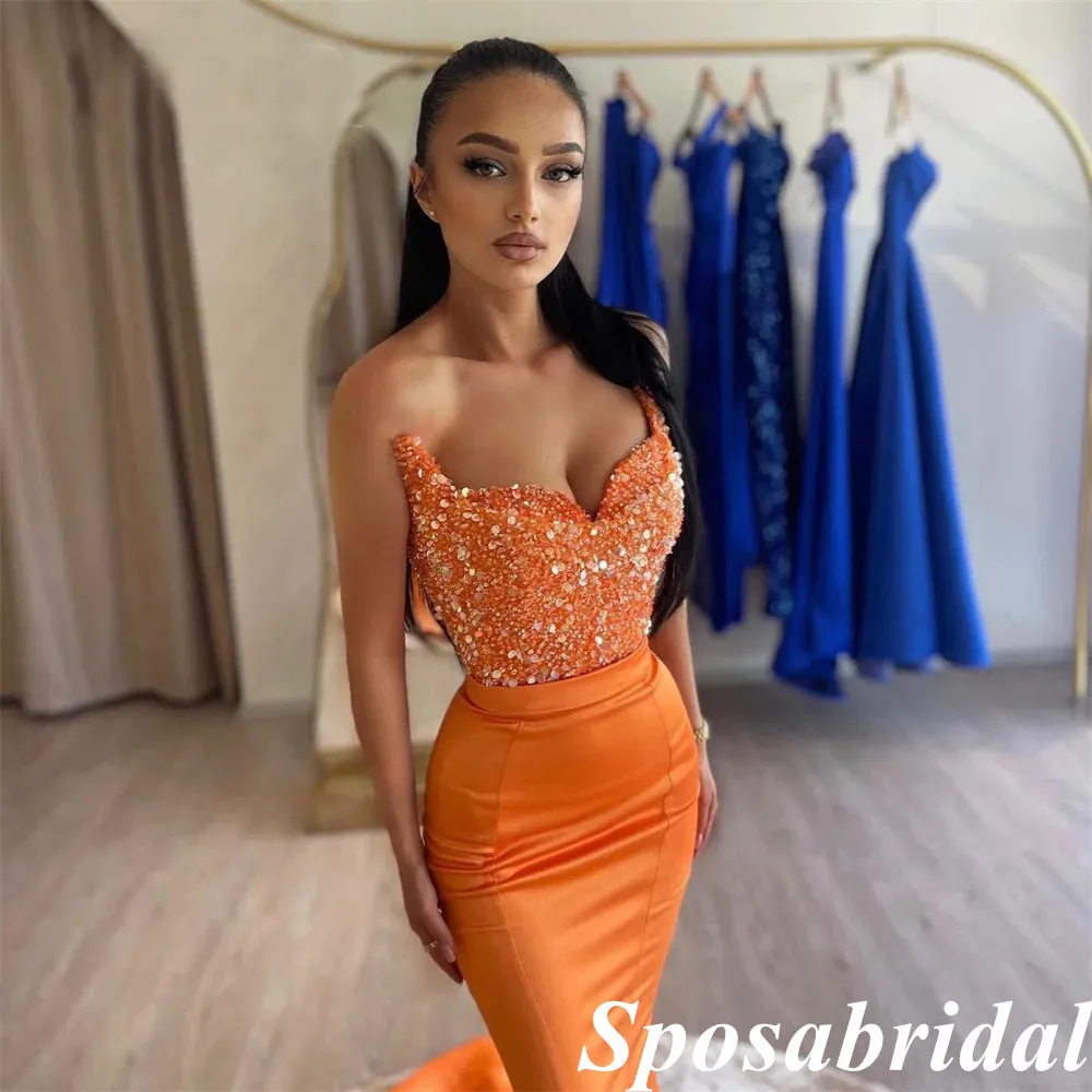 Sexy Soft Satin Sweetheart Sleeveless Mermaid Long Prom Dresses With Sequin And Beading, PD3940
