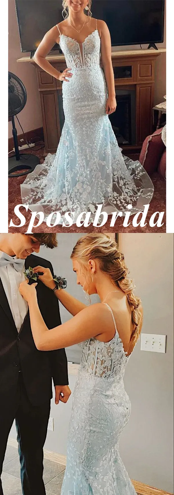 Sexy Tulle And Lace Spaghetti Straps V-Neck Sleeveless Mermiad Long Prom Dresses, PD3912