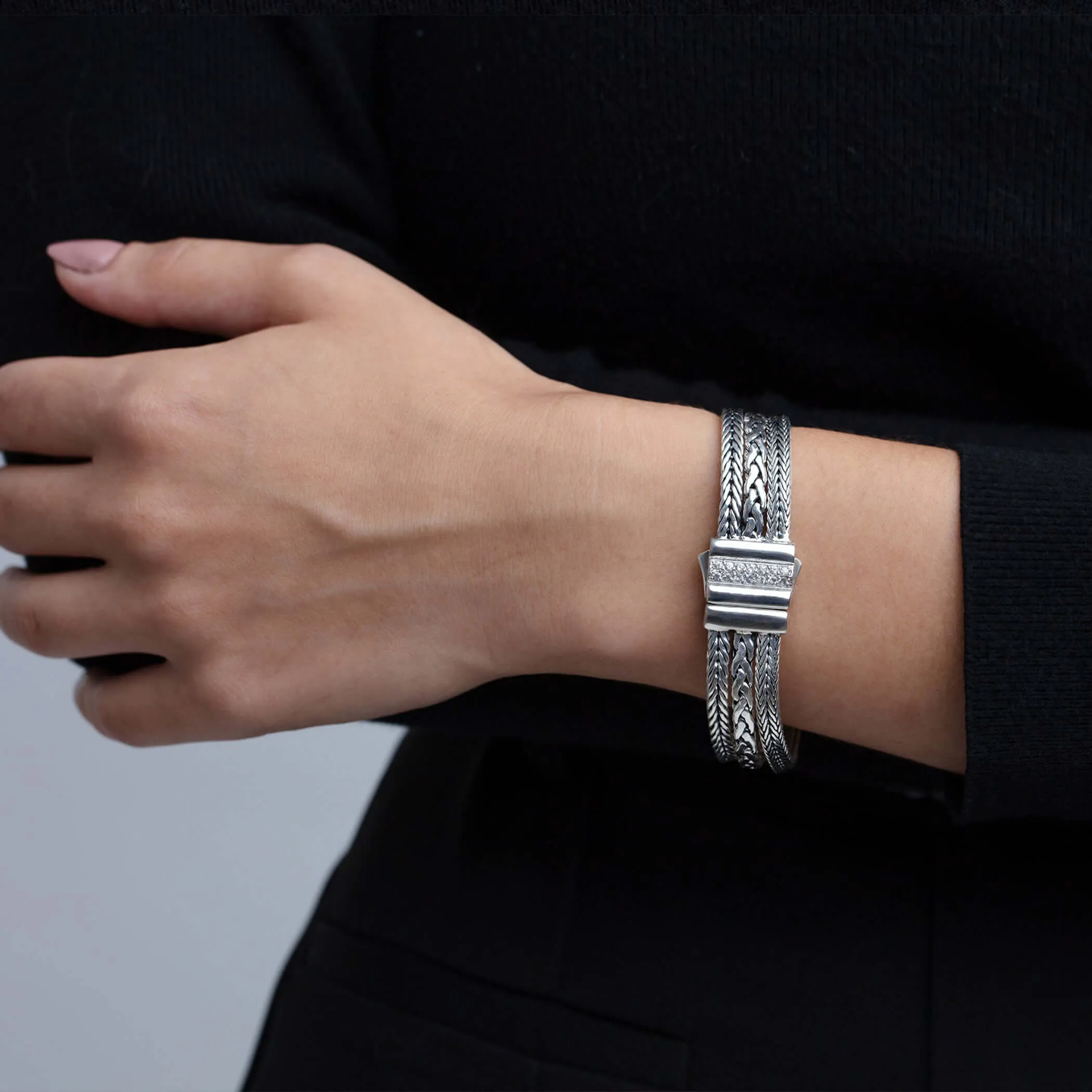 Silver Woven Multi-Chain Bracelet with White Sapphires